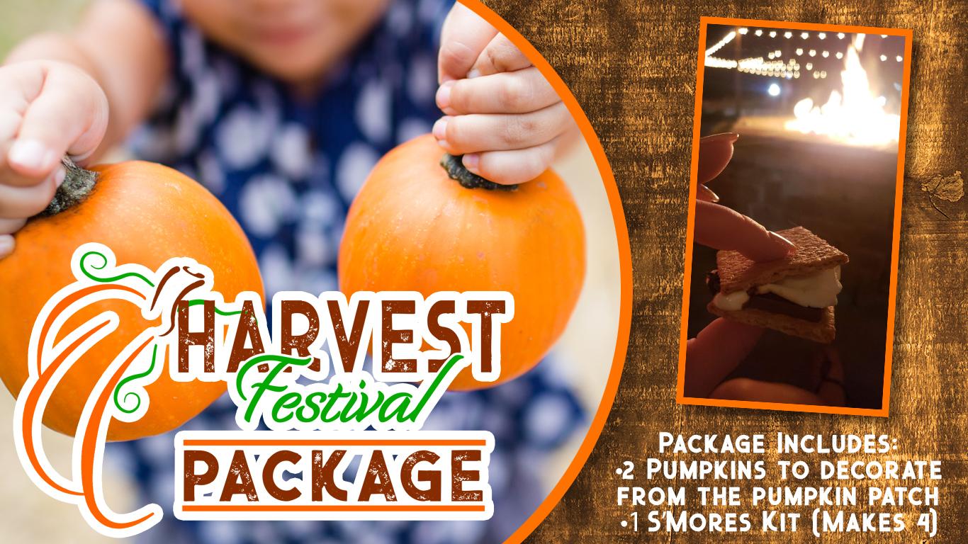 A child holding two small pumpkins. Inset photo of someone holding a S'more with a firepit in the background