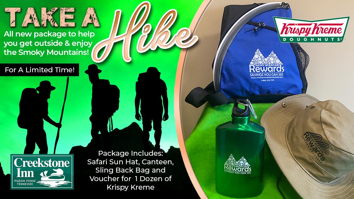 Silhouette of three hikers on a mountain top. Inset of safari hat, canteen, and backpack included with package rate.