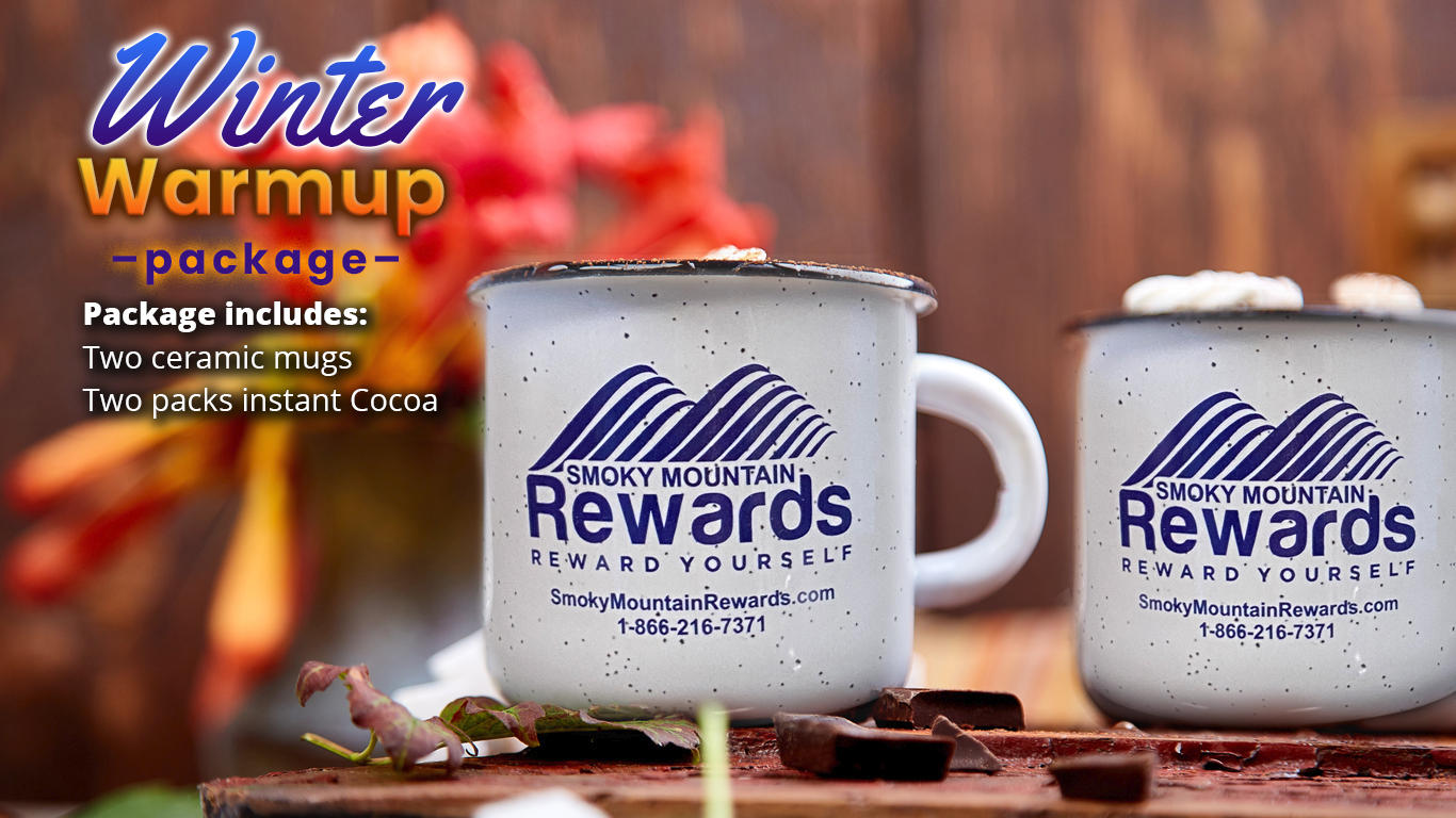 Ad image for Country Cascades vacation package that includes two ceramic mugs and two packets of instant cocoa.