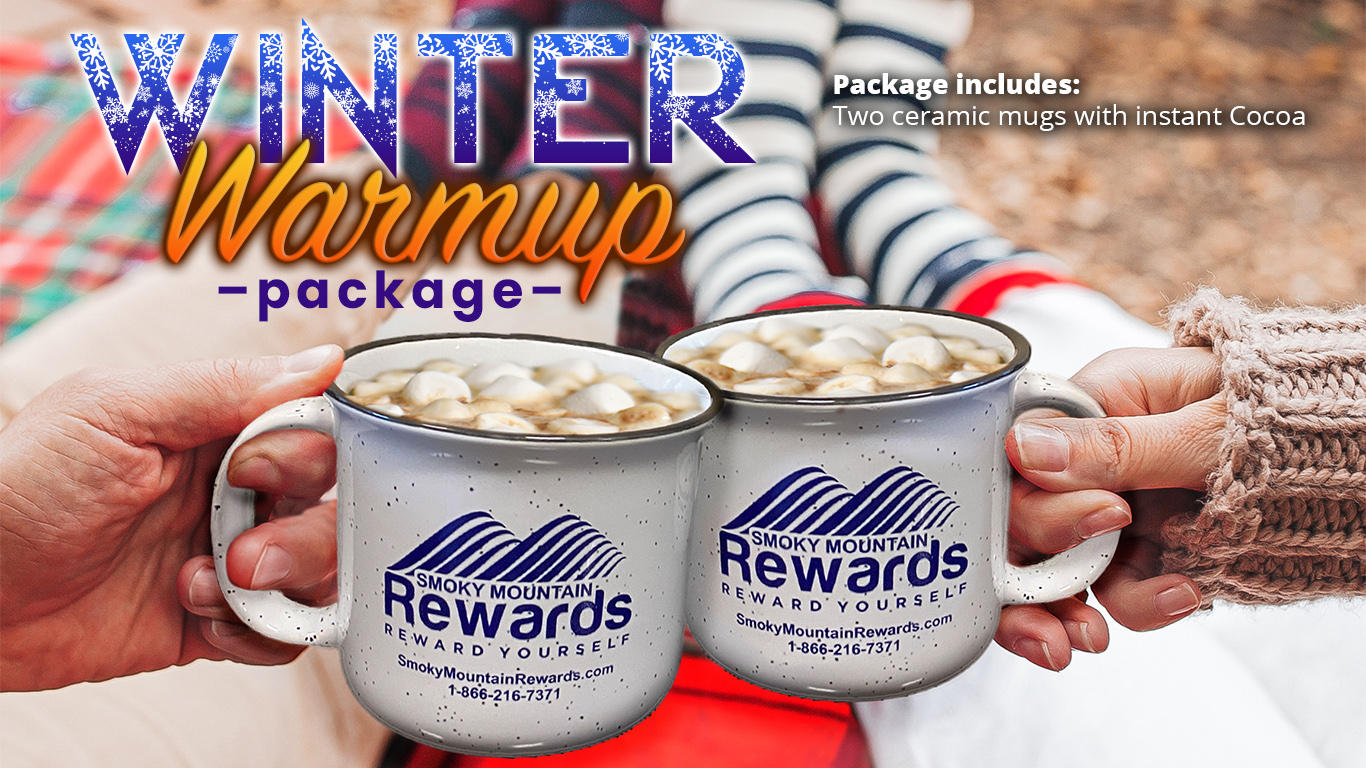 Ad image for Creekstone Inn vacation package that includes two ceramic mugs and two packets of instant cocoa.